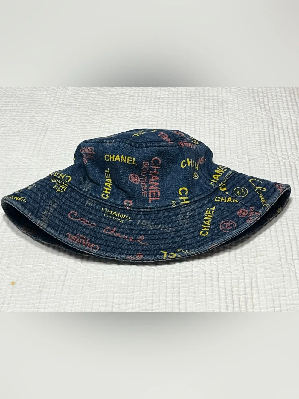 ChaneI Denim Medium Wash Jean Graffiti Scribble Bucket Hat